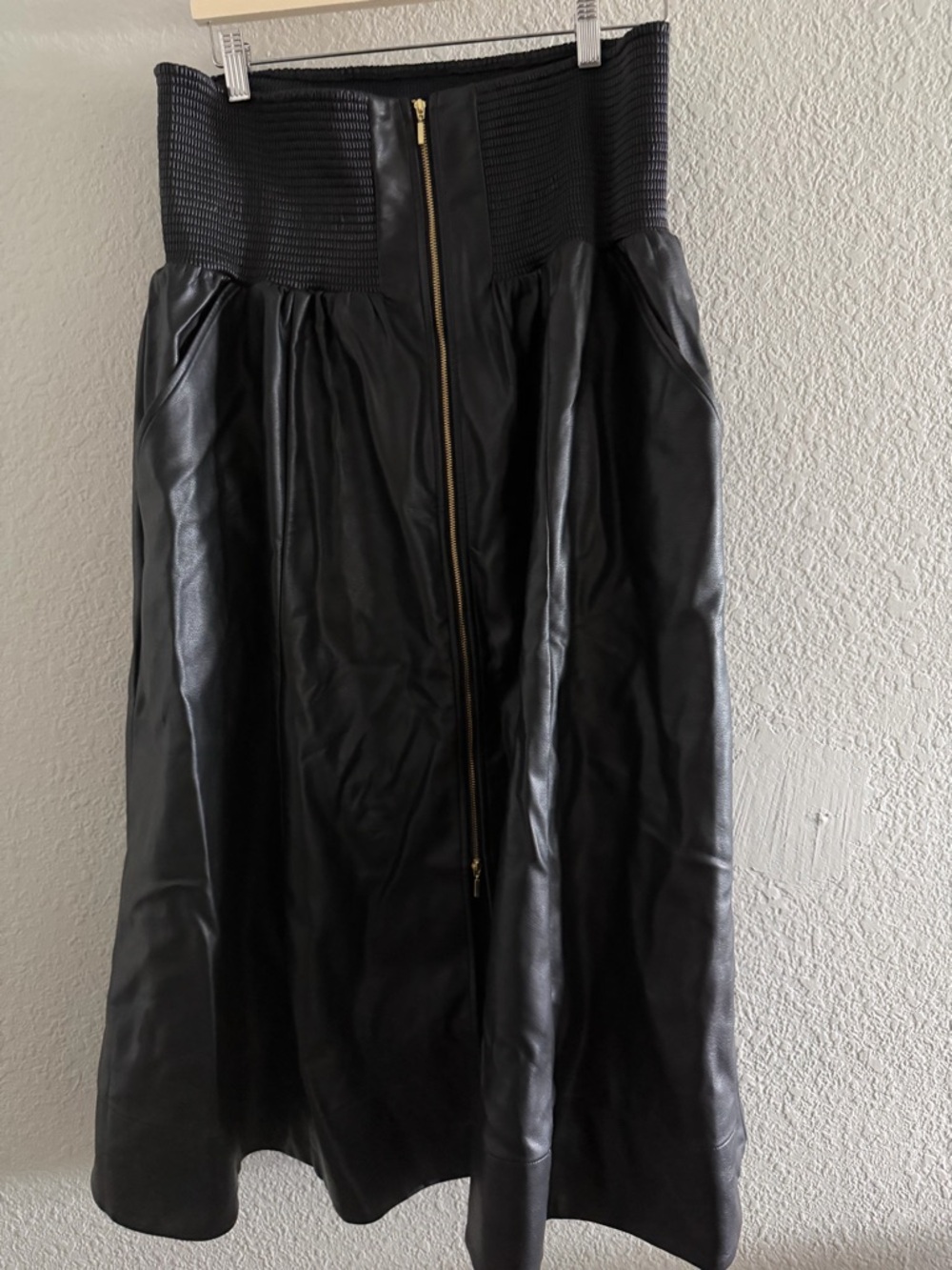 Anthropologie Black Faux Leather Midi Skirt with Front Zip